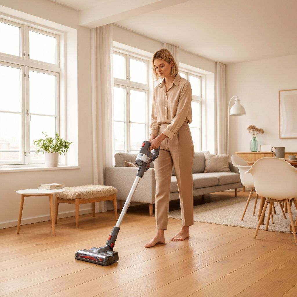 Cordless stick vacuum being used in a modern living room with natural light
