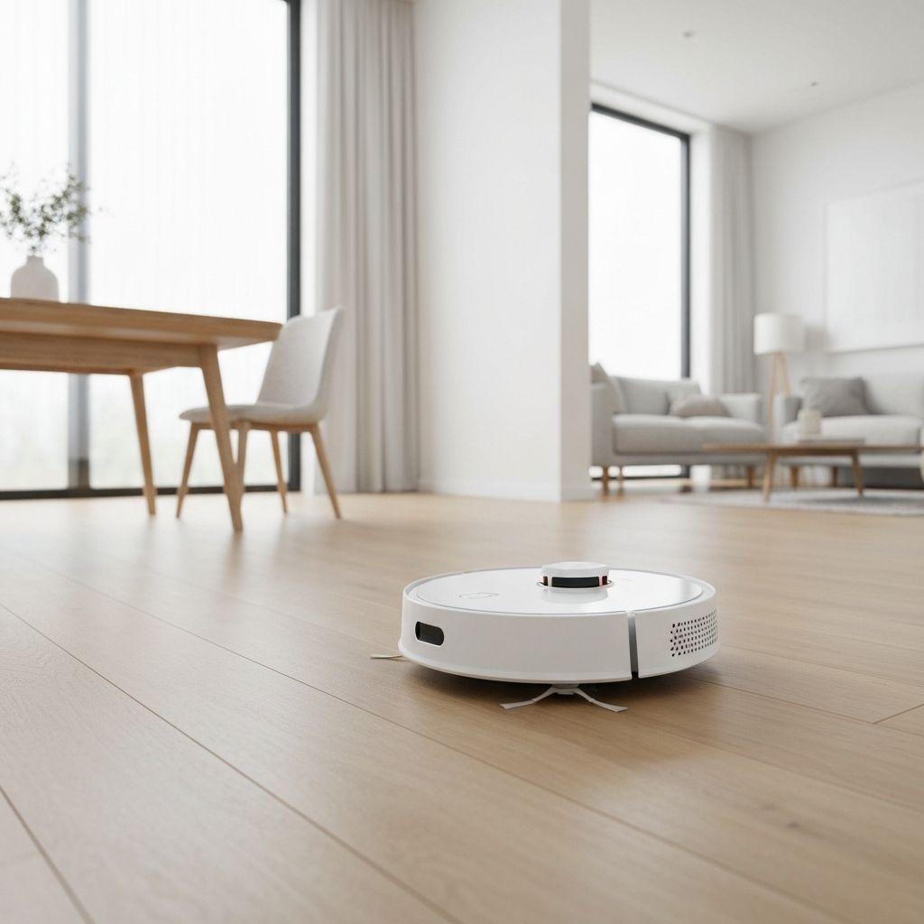 White robot vacuum cleaning hardwood floor in modern home