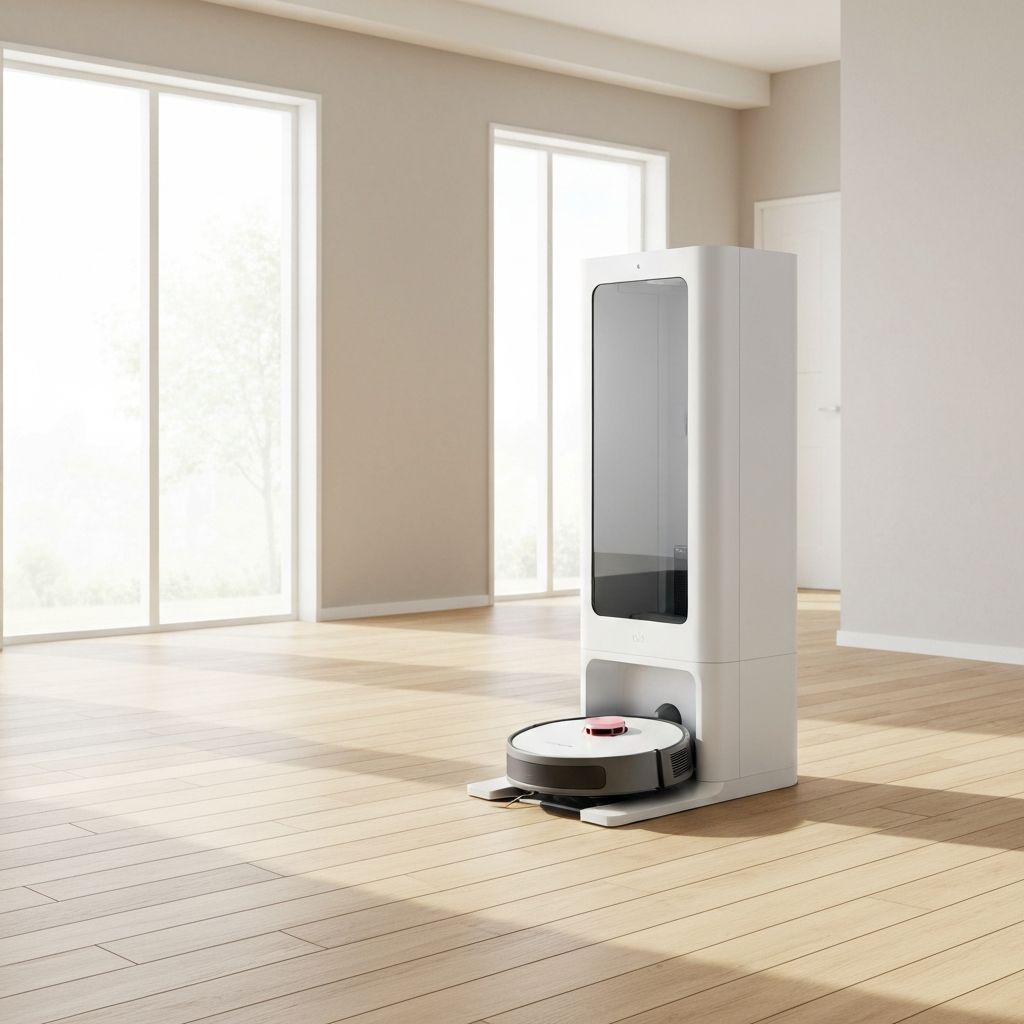 Robot vacuum docked at self-empty station showing the tall dock tower